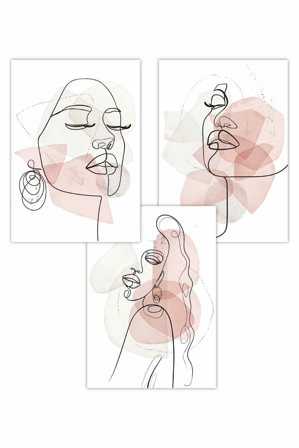 Set of 3 One Line Abstract Fashion Faces in Pink and Ivory Art Posters
